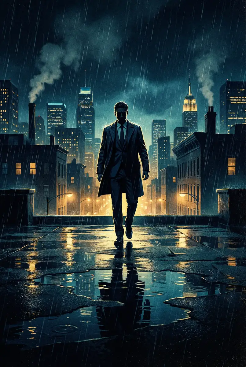 菠萝蜜视频免费播放高清 出品影片《雨夜独行者》海报，雨中城市屋顶男性剪影